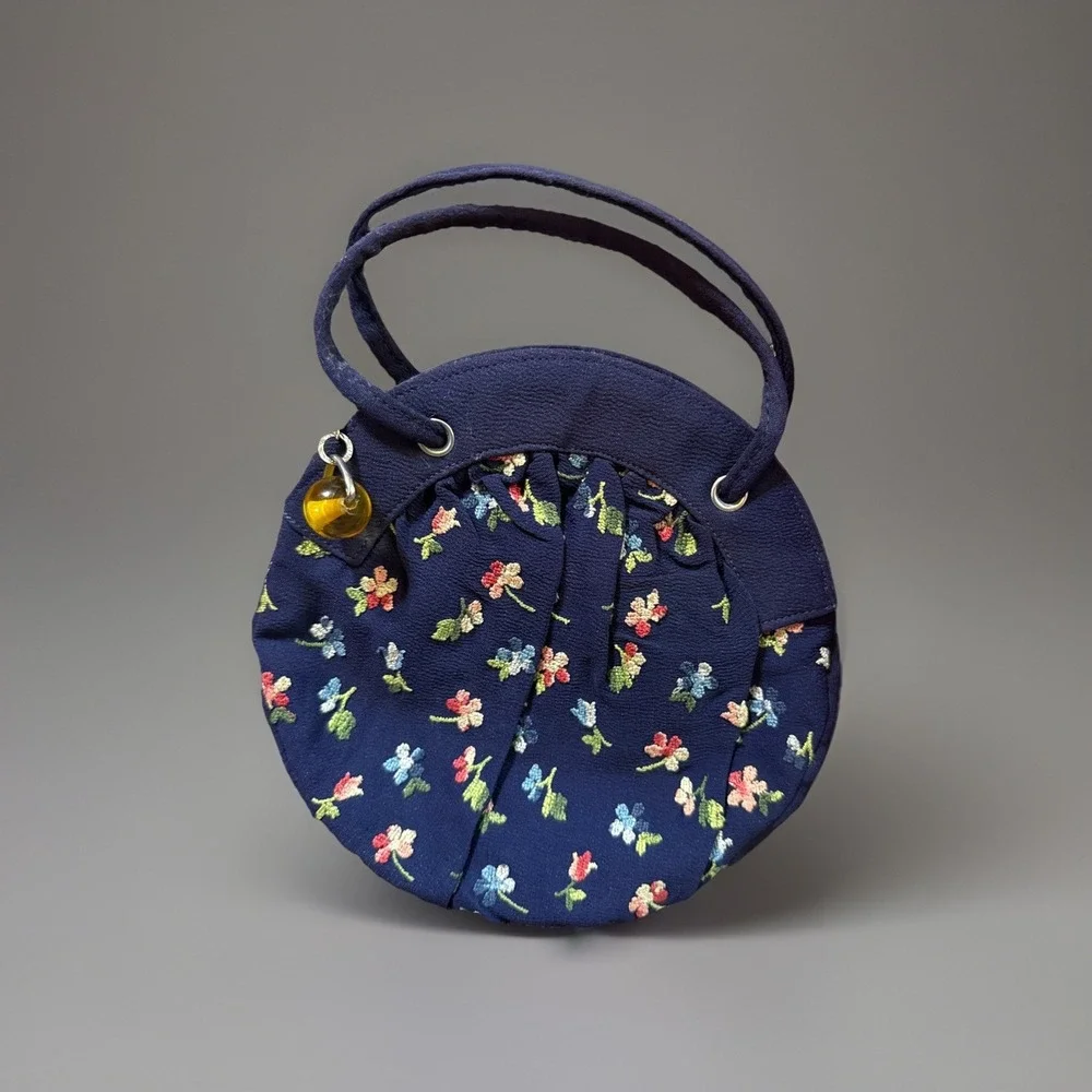 Small Blue Floral Embroidered Round Vintage Purse Clutch W/ Marble Charm Zipper